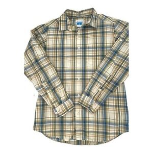 Columbia Blue and Tan Plaid Long Sleeve Shirt Polyester Nylon Blend Mens S‎